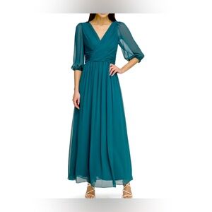 DKNY Women's Long Chiffon V-Neck Dress, Forest Green - NWT
